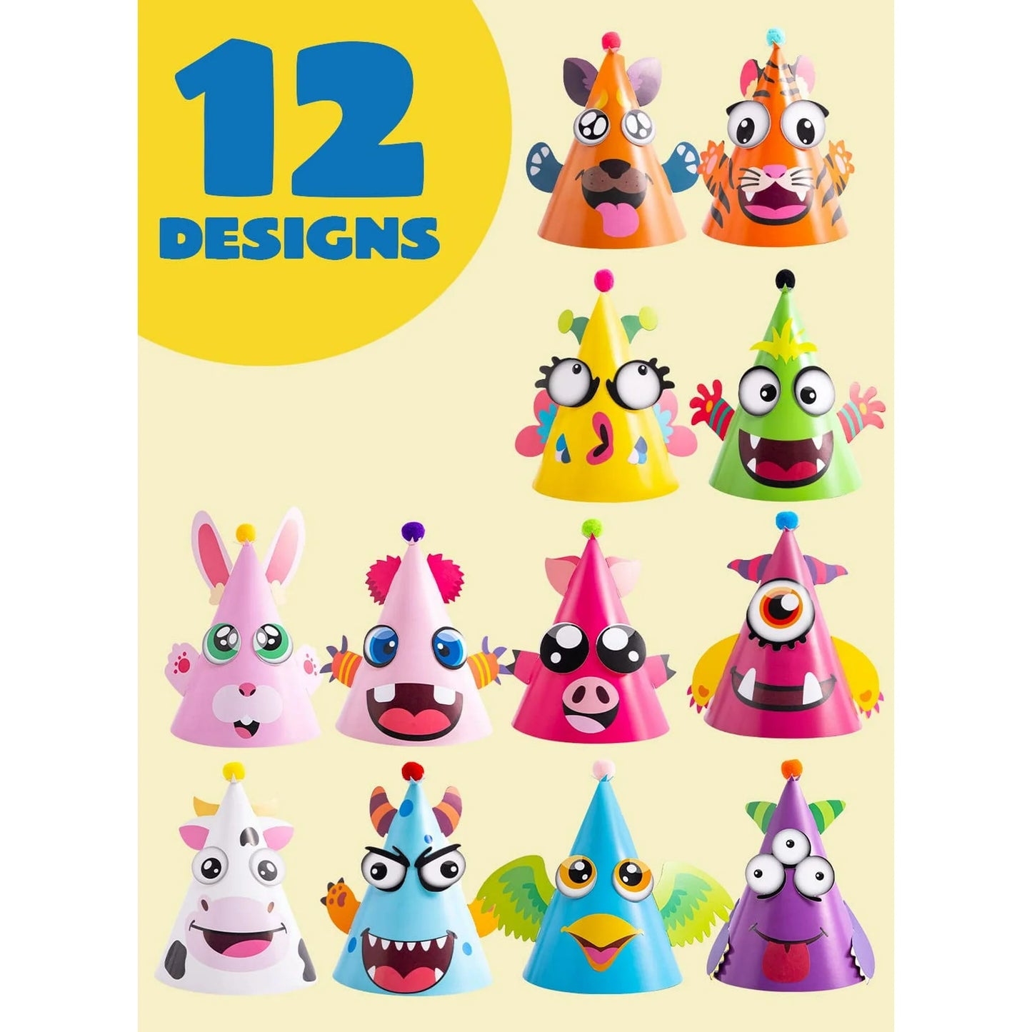 12 Sets Party Hats for Kids Birthday Party Games Craft Activities, Cute Animal Theme Birthday Hats Activity Kits with Stickers for Kids Holiday Party Favors