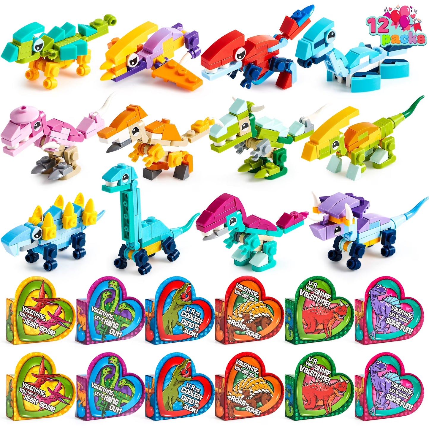 Joyfy 12 Packs Valentine Heart Boxes with Dinosaur Building Toys