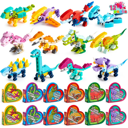 Joyfy 12 Packs Valentine Heart Boxes with Dinosaur Building Toys