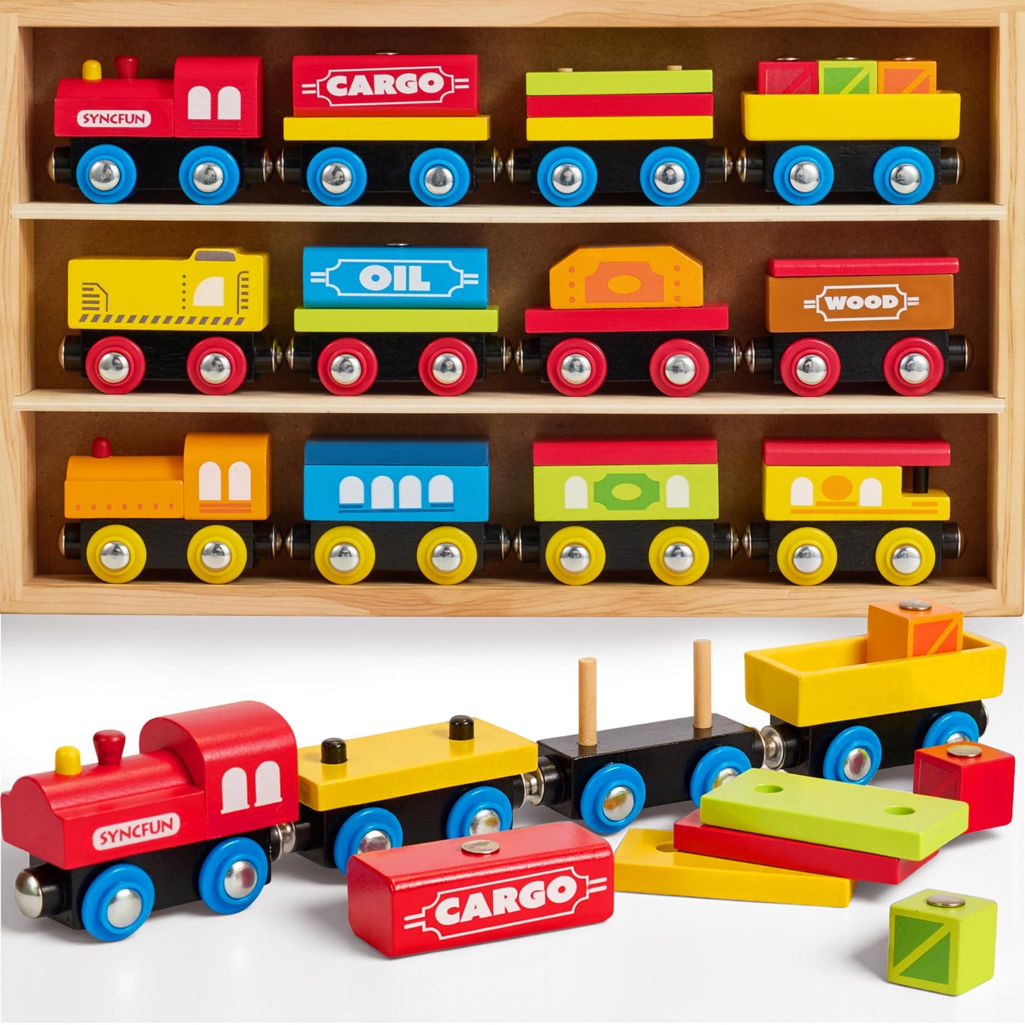 Joyfy Toys for Toddlers, 12 Magnetic Wooden Animal Train Set for Toddlers, Montessori Sensory Toys, Educational Preschool Learning Toys, Birthday Gifts for Boys & Girls