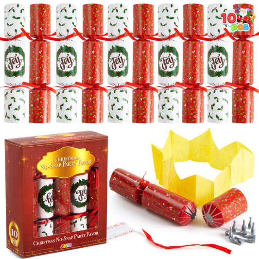 Joyfy 10" Christmas Crackers Party Table Favor, 10 Pcs No Snap Classic Christmas Design, with Party Hat Joke & Little Gift for Xmas Holiday Dinner Traditions