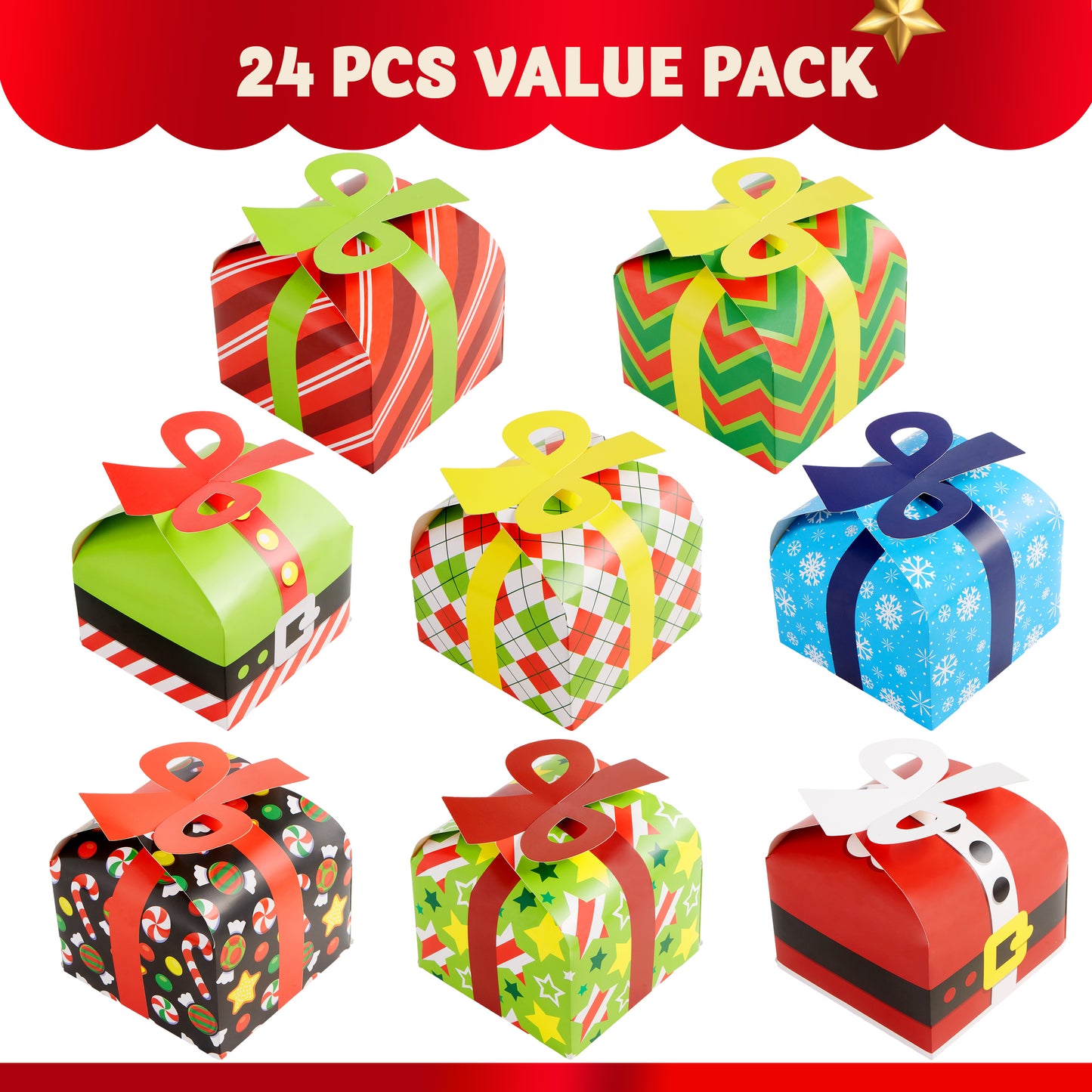 24 PCS 3D Christmas Goodie Boxes with Bow for Holiday Xmas Goodie Paper Boxes, School Classroom Party Favor Supplies, Candy Treat Cardboard Cookie Boxes