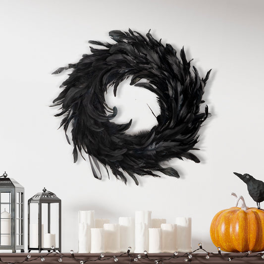 Joyfy 13.5" Black Natural Feathers Wreath for Halloween Decorations, Spooky Scene Party Favors, Halloween Photo Props, Front Door, Porch, Window, Indoor Outdoor Party Decorations