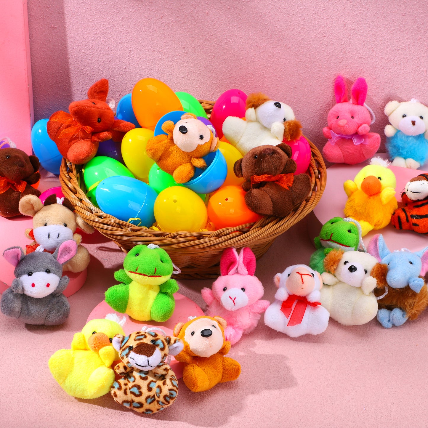 Joyfy 48 Pack Prefilled Easter Eggs with Toys,Easter Eggs with Mini Stuffed Animals Plush Toys for Kids Toddler,Easter Basket Filler Egg Hunt Filler Stuffer