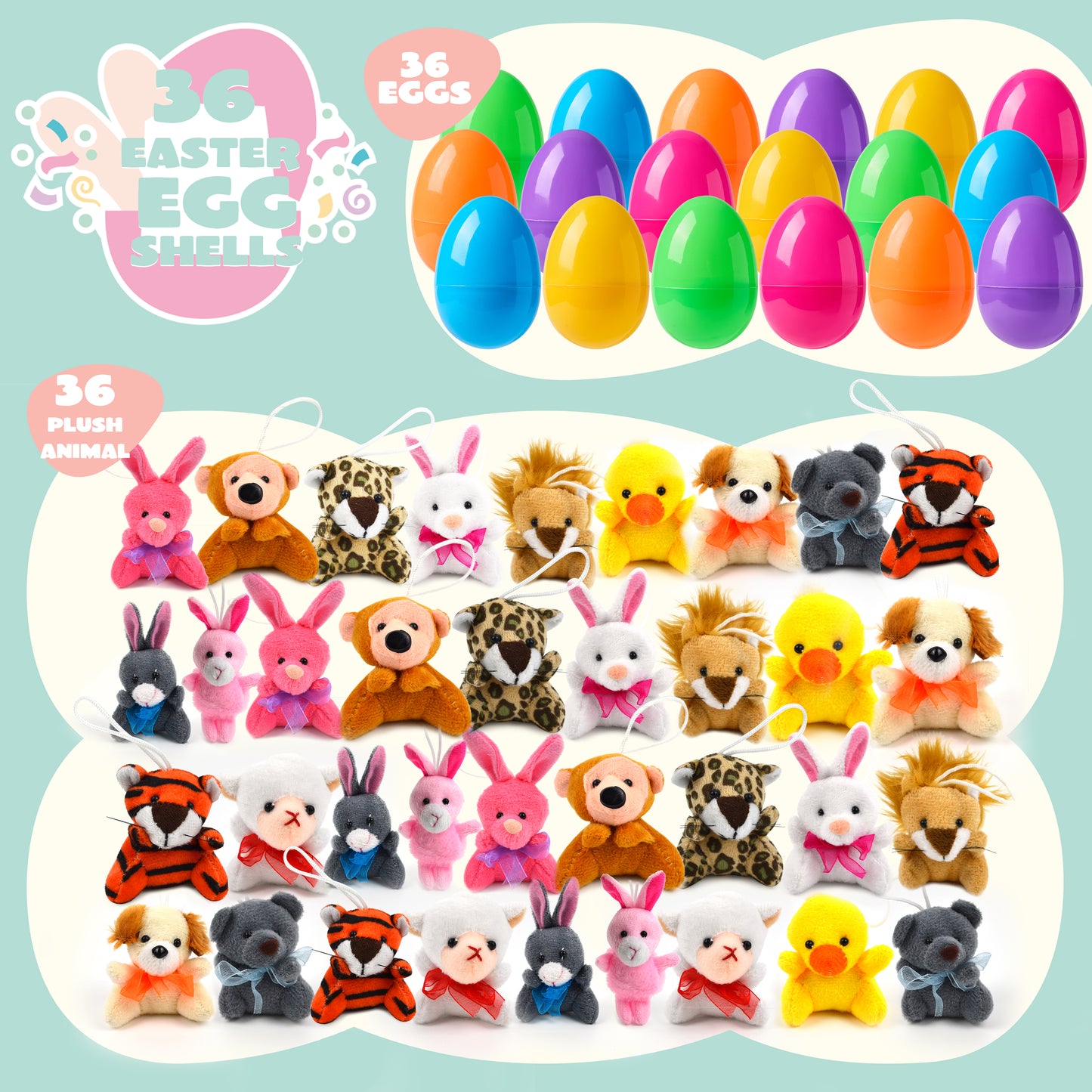 Joyfy 36 Pack Prefilled Easter Eggs with Toys,Easter Eggs with Mini Stuffed Animals Plush Toys for Kids Toddler,Easter Basket Filler Egg Hunt Filler Stuffer