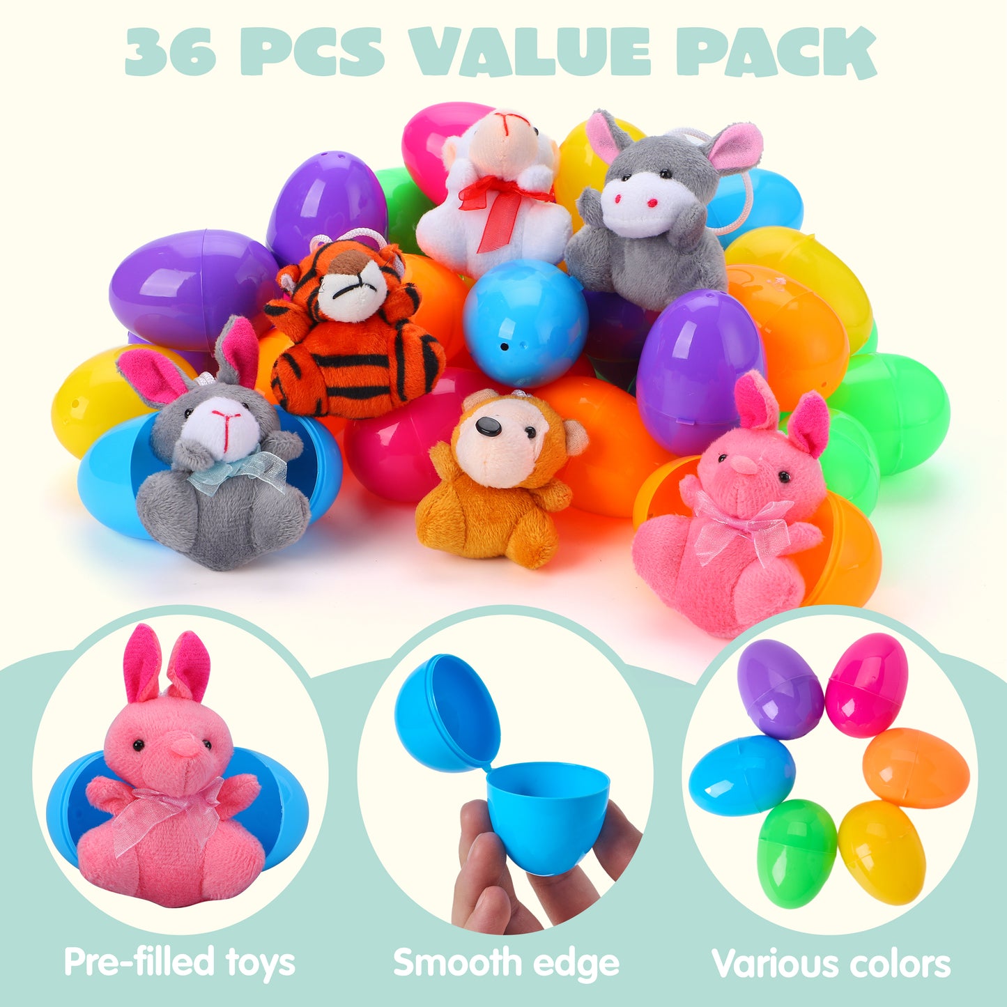 Joyfy 36 Pack Prefilled Easter Eggs with Toys,Easter Eggs with Mini Stuffed Animals Plush Toys for Kids Toddler,Easter Basket Filler Egg Hunt Filler Stuffer