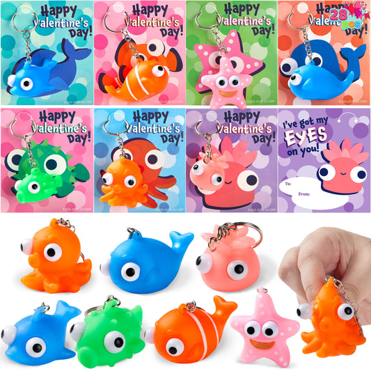 28 Packs Valentine's Day Gift Cards with Sea Animal Unzip Popping Eyes Keychains for Kids Party Favor, Classroom Exchange Gifts, Valentine’s Greeting Cards, Classroom Prizes