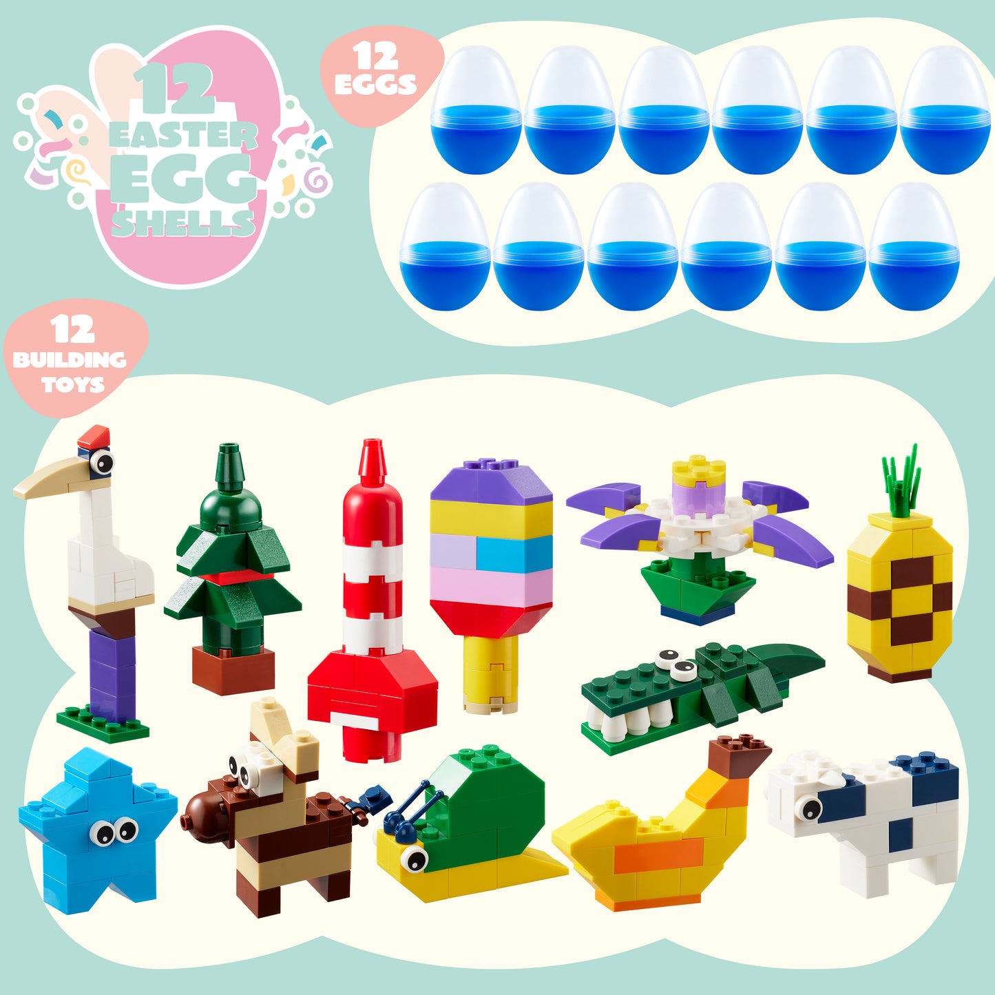 Joyfy 12 Pack Prefilled Easter Eggs with Building Blocks Toys,Easter Egg Fillers Easter Stuffers for Kids,Party Favors Birthday Party Supplies,Classroom Prize Toys