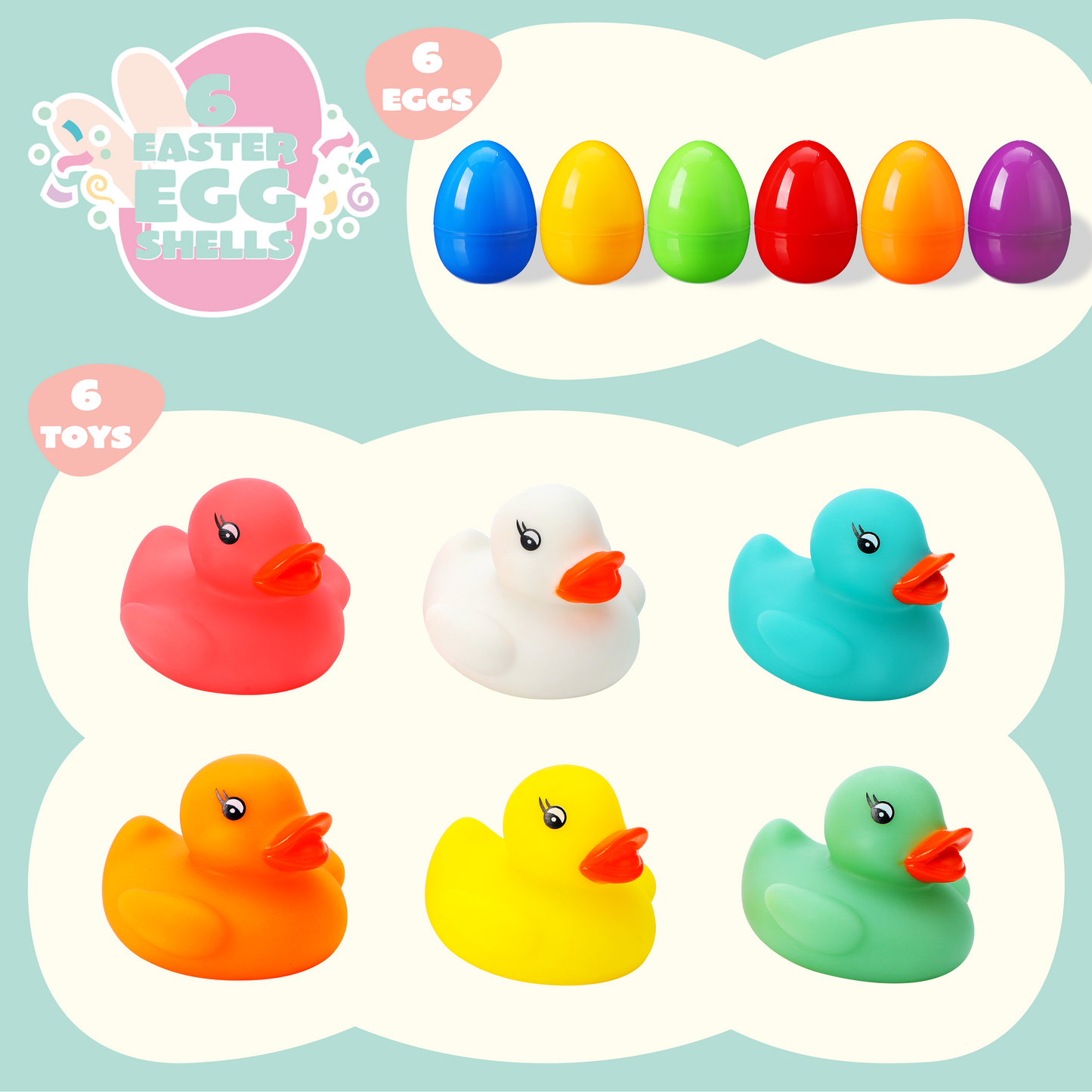 Joyfy 6 Pcs Toddler Pre-filled Easter Eggs with Light up Rubber Ducks Bath Toys for Toddler Kids,Easter Basket Stuffers Toys