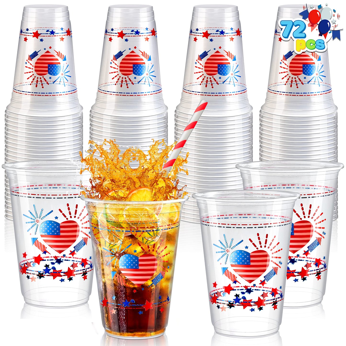 72 patriotic plastic cups, 16 ounce July 4th cup, transparent disposable cups with red and blue star patterns, used for patriotic party supplies