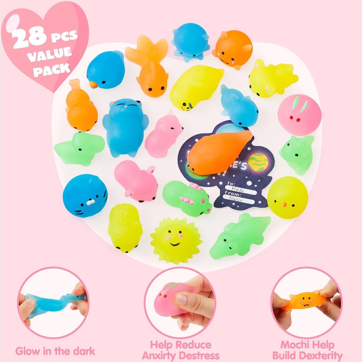 28 Packs Valentines Day Gift Cards with Mochis, Glow in The Dark Mochi squishy toys, Stress Relief Fidget Toys for Kids Valentine's Classroom Exchange, Party Favors, School Prizes