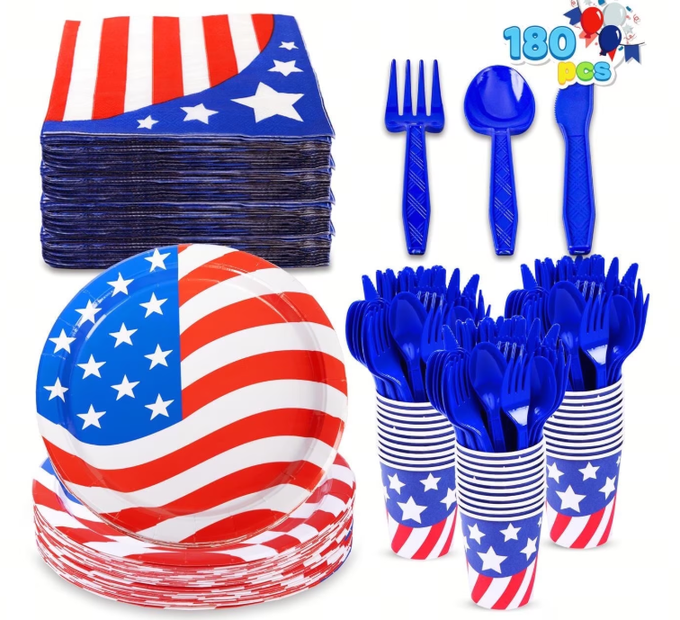 Joyfy 180-Piece Patriotic Party Tableware Set with 30 Plates, 30 Napkins, 30 Paper Cups and 90 Plastic Utensils for Your July 4th Celebration, Patriotic Party Decoration (serves 30)