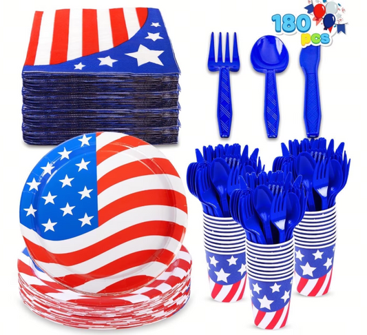 Joyfy 180-Piece Patriotic Party Tableware Set with 30 Plates, 30 Napkins, 30 Paper Cups and 90 Plastic Utensils for Your July 4th Celebration, Patriotic Party Decoration (serves 30)