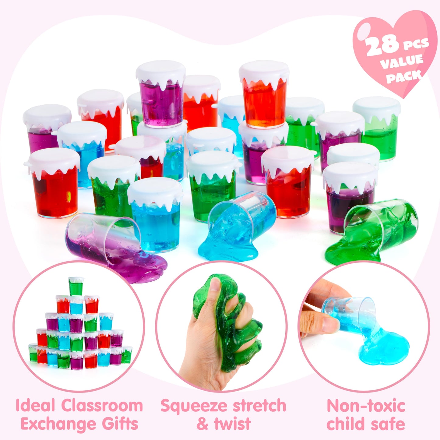 28 PCS Valentines Day Cards with Slime, Stress Relief Fidget Slime Valentines Toy for Kids Valentines Classroom Favors Exchange Card Gifts pack