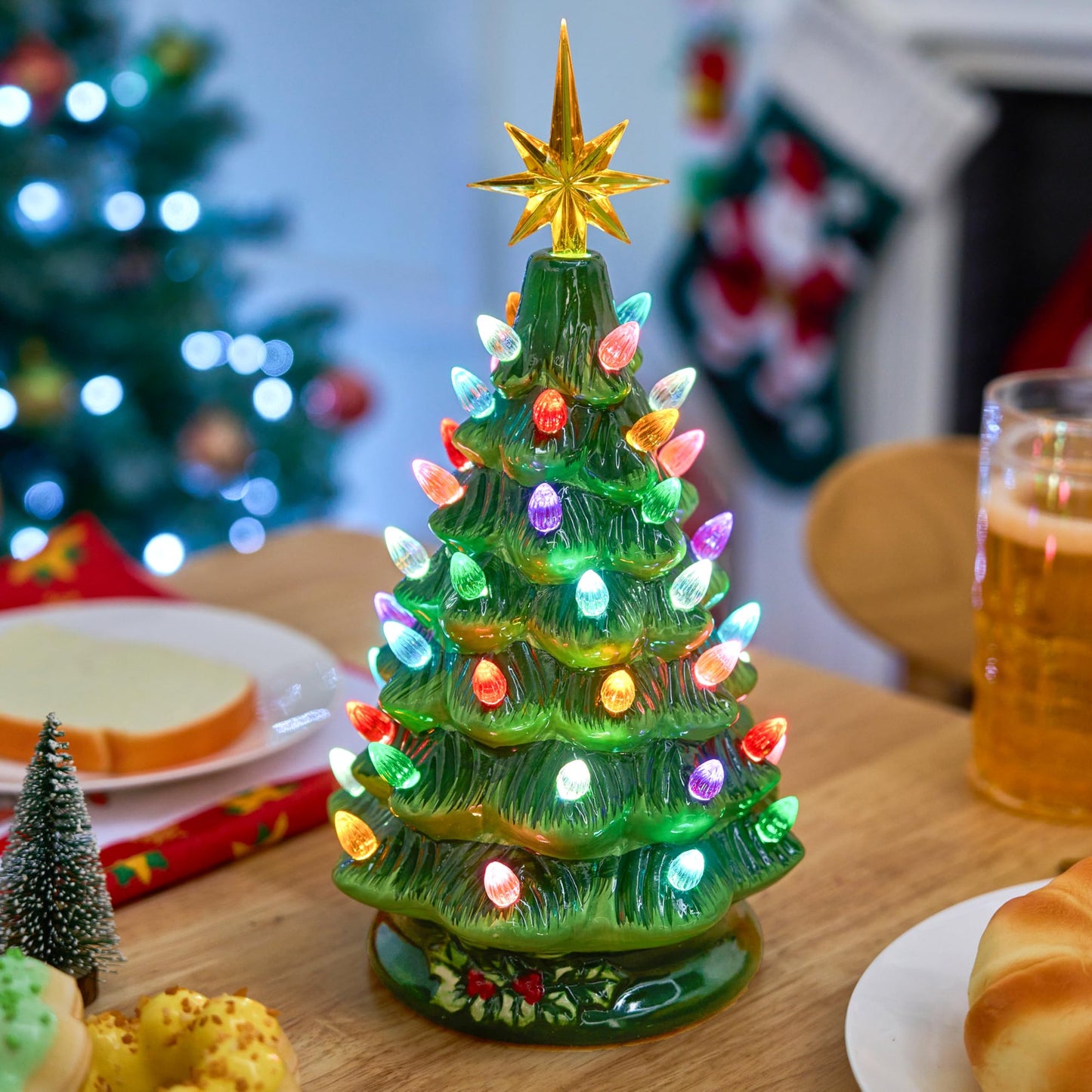 Joyfy 12 Inch Ceramic Christmas Tree,Prelit Ceramic Christmas Tree with Multicolor Lights,Table Top Christmas Tree Decorations,Holiday Tree