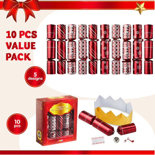 Joyfy 10" Christmas Crackers Party Table Favor, 10 Pcs No Snap Red Snowflake Design, with Party Hat Joke & Little Gift for Xmas Holiday Dinner Traditions