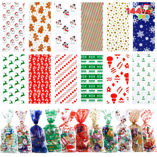 Joyfy 144 Pcs Christmas Cellophane Bags with Ribbon Candy Cookie Bags for Holiday Treats, Christmas Party Favors Supplies, Christmas Clear Cello Gift Bags, Xmas Goodie Bags