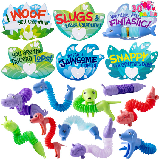 30 Packs Valentine’s Day Gift Cards with Critter Pop Tubes, Stress Relief Fidget Toys, Telescopic Tube Toys for Kids Valentine's Party Favors, Classroom Gift Exchange and Goodie Bag Filler