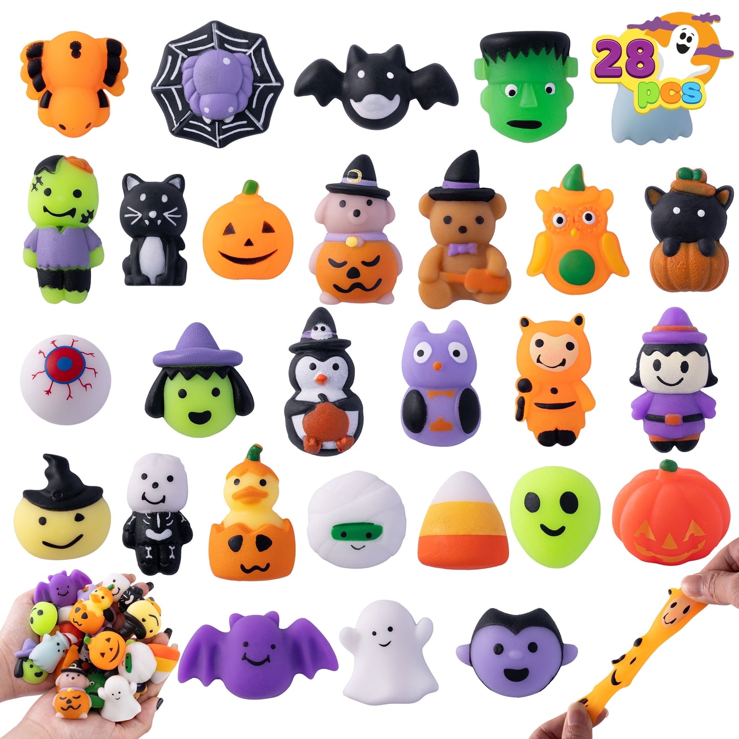 Joyfy 28 Pcs Halloween Mochi Squishy Toys,Squishy Toys for Kids,Halloween Classroom Favors Prizes Party Favors,Claw Machine Filler for Kids,Stress Relief Toys