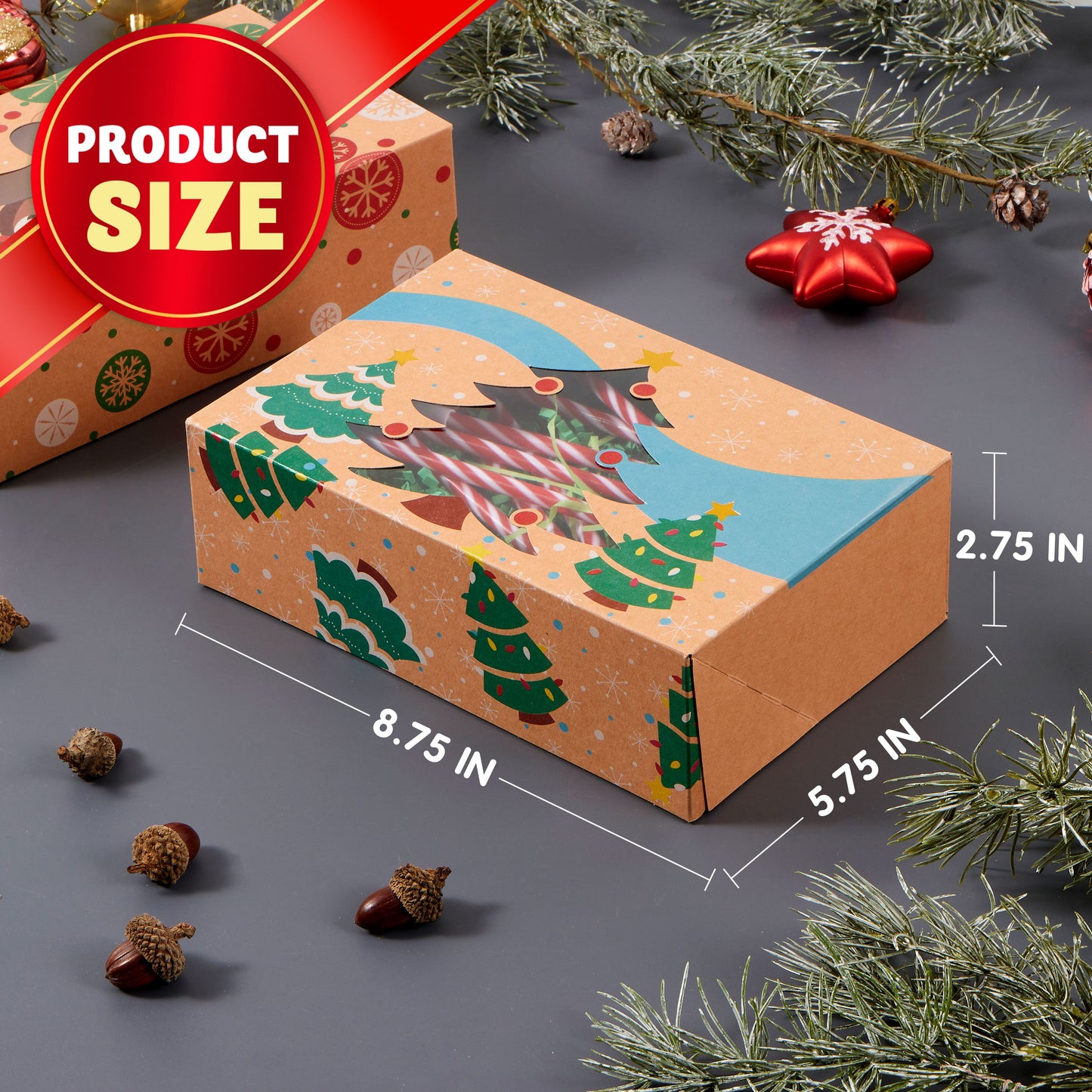 Joyfy 12 Pcs Foiled Christmas Cookie Boxes with Window 8.5" x 5.75" x 2.75", Treat Boxes for Pastries, Cupcakes, Brownies, Gift-Giving, Doughnut and Cookie, Brown Kraft Bakery Boxes