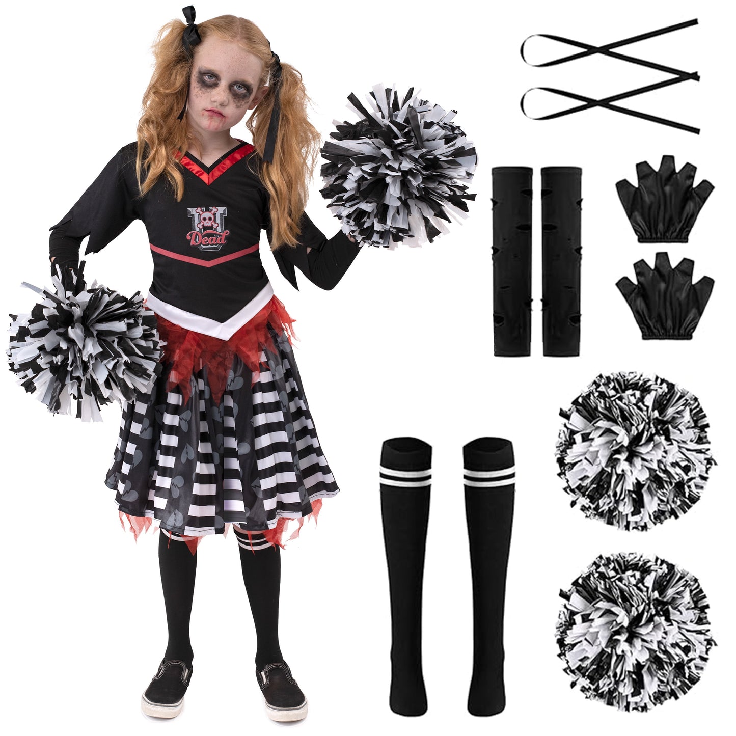 Joyfy Kids Cheerleader Costume, Cheerless Costume for Girls, Scary Cheerleader Costume for Halloween Party Dress Up Age Up to 12 Years