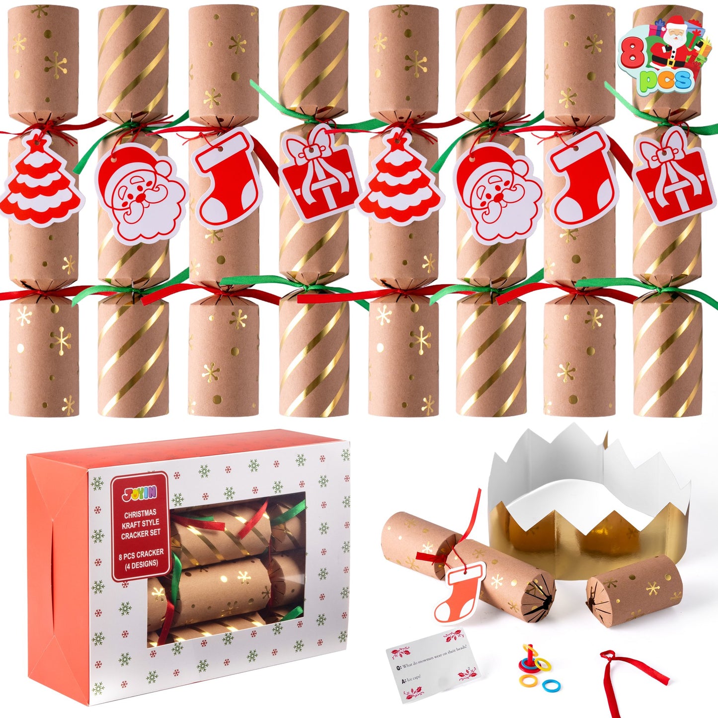 Joyfy 8 Pcs 10” Christmas Party Table Favor with Classic Design, with Party Hat, Joke & Little Gift Inside, Christmas Seasonal Holiday Dinner Traditions