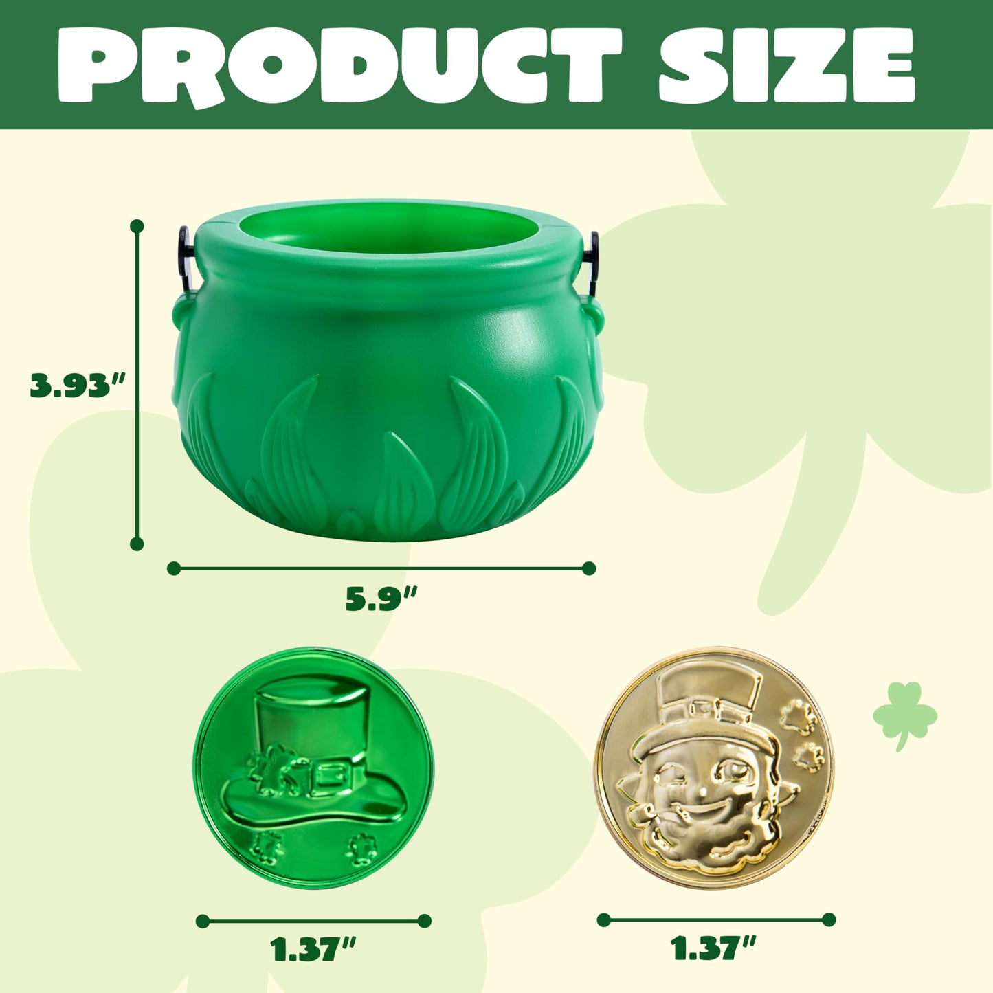 208 St. Patrick's Day Lucky Fairy Plastic Coins and 1 Large Green Pot with Handle St. Patrick's Gold Pot Party Supplies