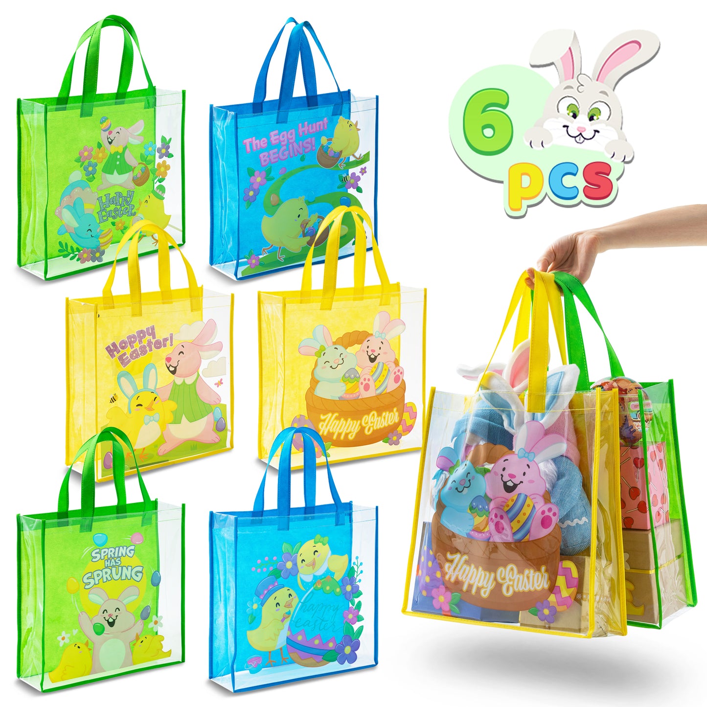 Joyfy 6 Pcs Easter Bags，Easter Gift Bags for Kids, 13" x 13" Large Reusable Goodie Tote Treat Bags with Handles for Easter Egg Hunt, Easter Party Favors Supplies