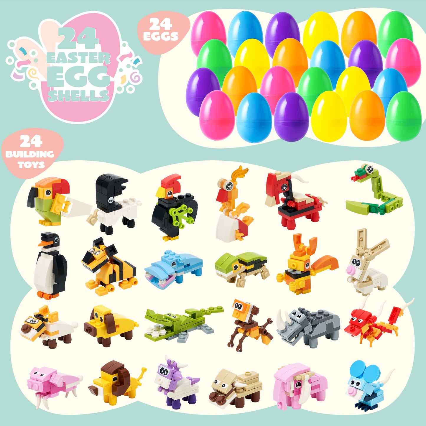 Joyfy 24 Pack Easter Eggs with Toys Inside,Easter Animal Building Blocks Toys Baskets for Kids,Prefilled Easter Eggs for Toddlers,Easter Hunt