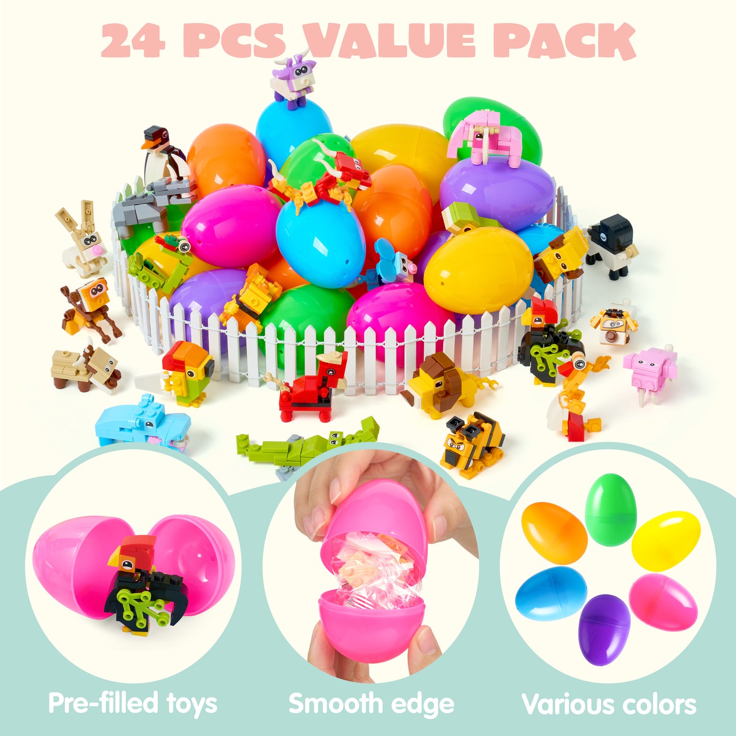 Joyfy 24 Pack Easter Eggs with Toys Inside,Easter Animal Building Blocks Toys Baskets for Kids,Prefilled Easter Eggs for Toddlers,Easter Hunt