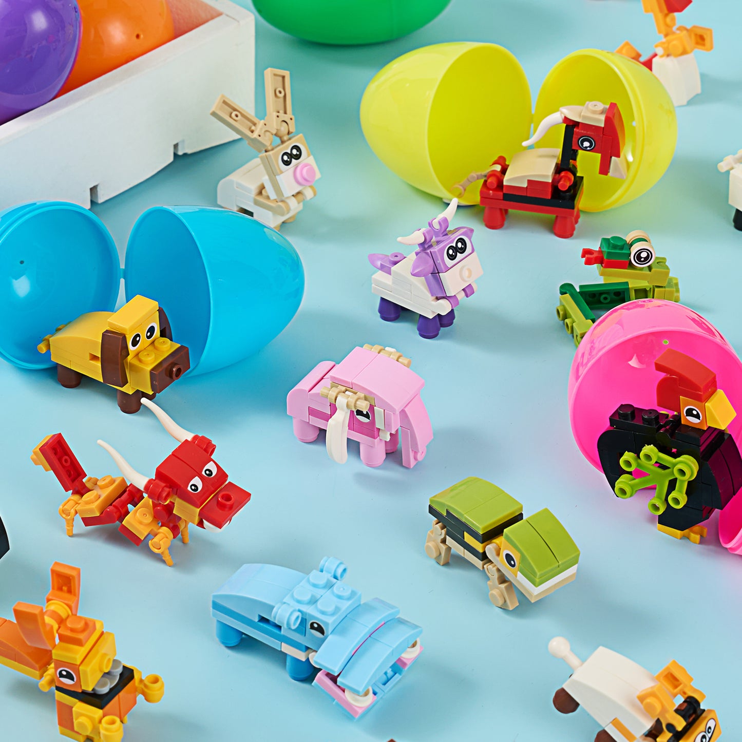 Joyfy 24 Pack Easter Eggs with Toys Inside,Easter Animal Building Blocks Toys Baskets for Kids,Prefilled Easter Eggs for Toddlers,Easter Hunt