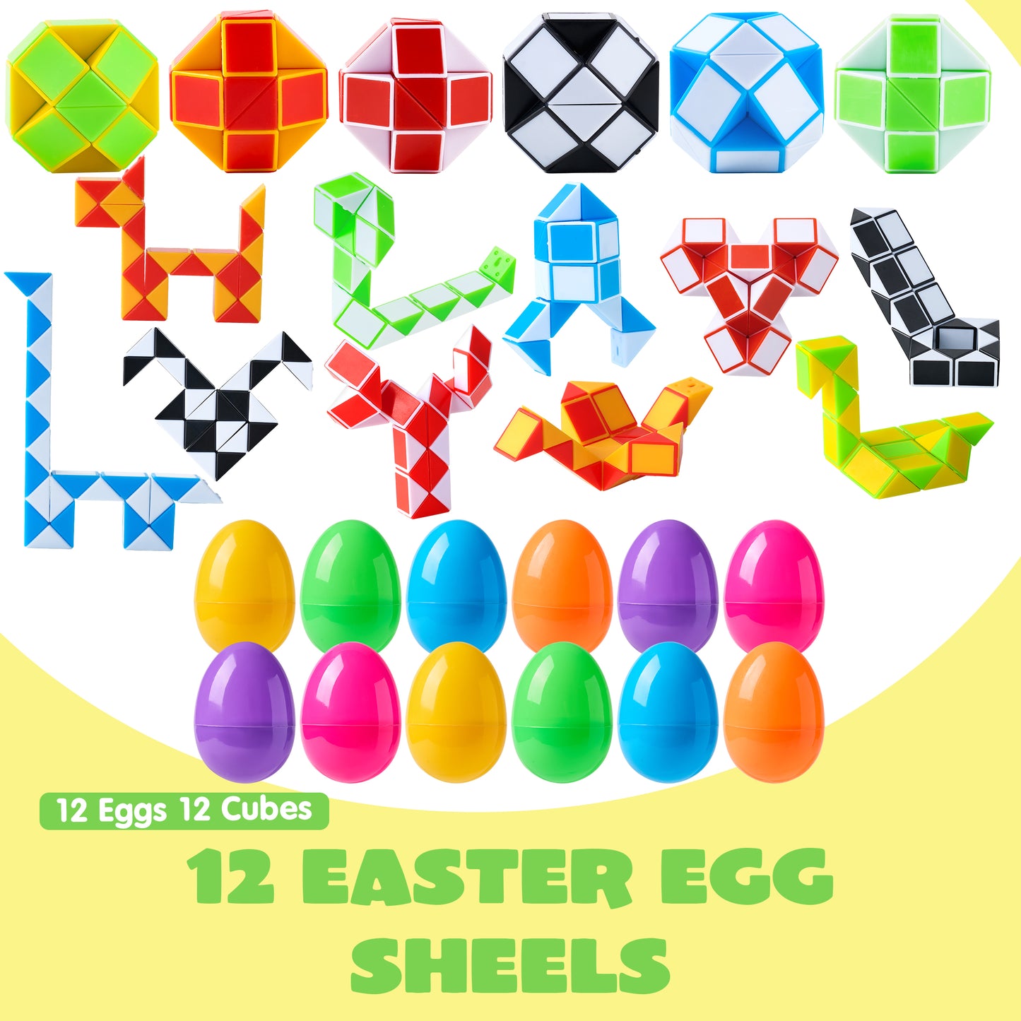 Joyfy 12 Pcs Pre Filled Easter Eggs with Mini Snake Cubes Twist Puzzle Toys Snake Speed Cube Fidget for Kids Easter Party Favor Egg Hunt Classroom Exchange and Prize Supplies