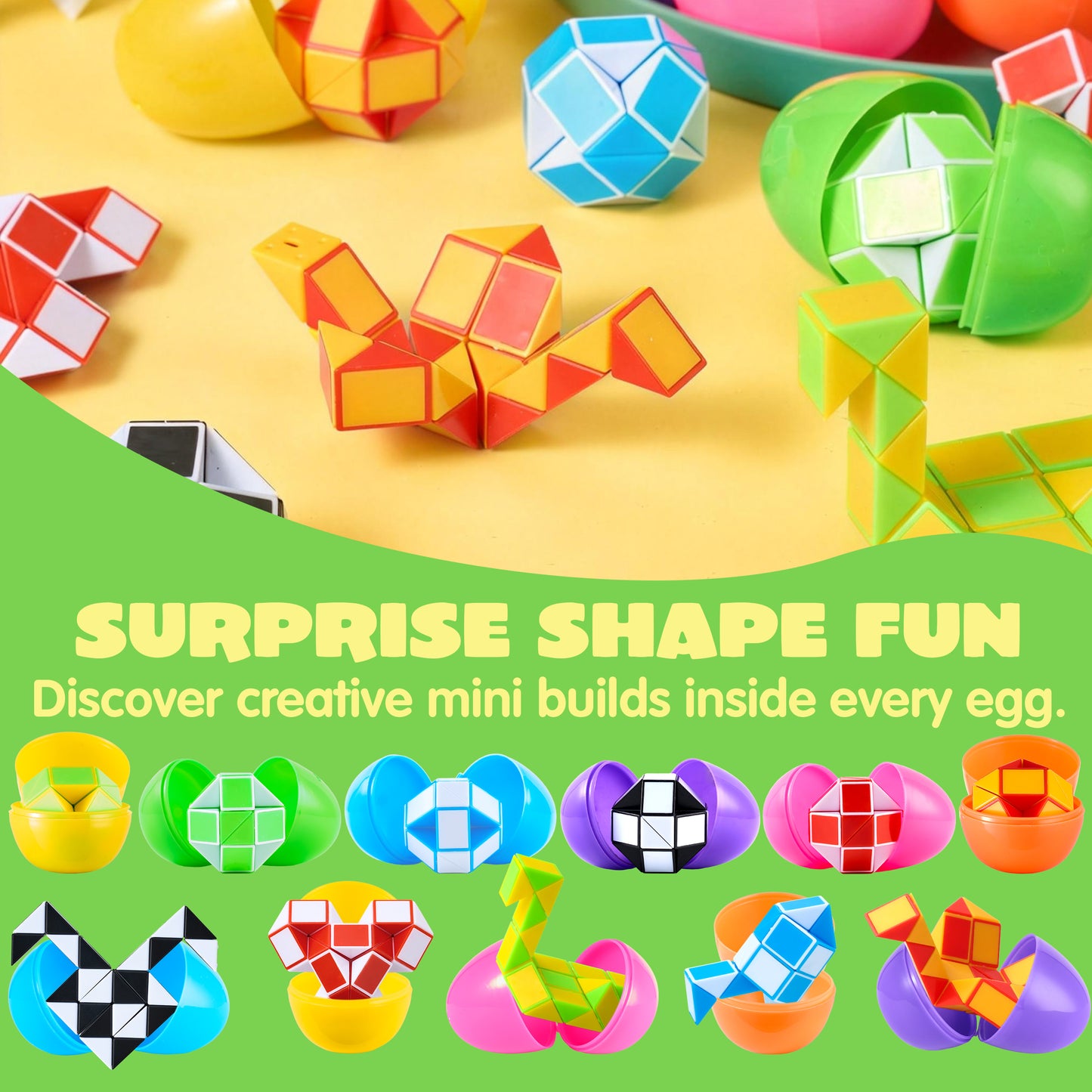 Joyfy 12 Pcs Pre Filled Easter Eggs with Mini Snake Cubes Twist Puzzle Toys Snake Speed Cube Fidget for Kids Easter Party Favor Egg Hunt Classroom Exchange and Prize Supplies
