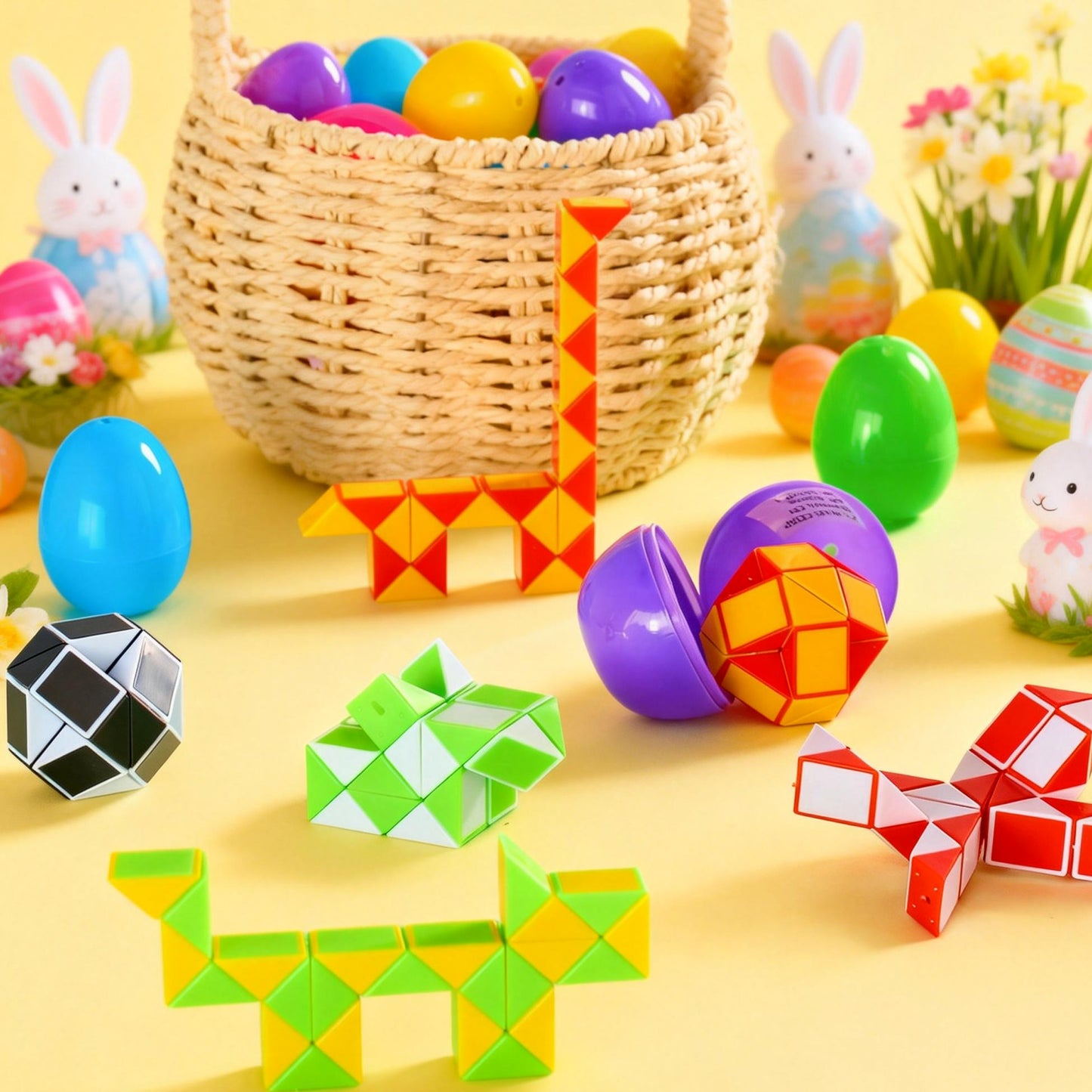 Joyfy 12 Pcs Pre Filled Easter Eggs with Mini Snake Cubes Twist Puzzle Toys Snake Speed Cube Fidget for Kids Easter Party Favor Egg Hunt Classroom Exchange and Prize Supplies
