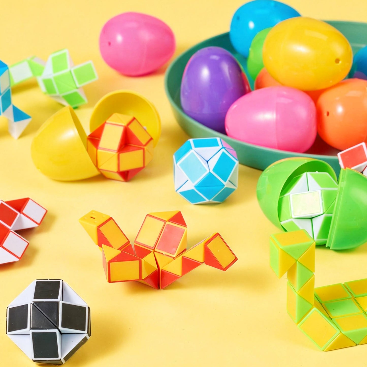 Joyfy 12 Pcs Pre Filled Easter Eggs with Mini Snake Cubes Twist Puzzle Toys Snake Speed Cube Fidget for Kids Easter Party Favor Egg Hunt Classroom Exchange and Prize Supplies