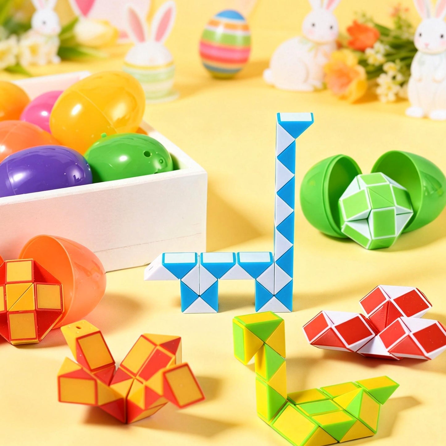 Joyfy 12 Pcs Pre Filled Easter Eggs with Mini Snake Cubes Twist Puzzle Toys Snake Speed Cube Fidget for Kids Easter Party Favor Egg Hunt Classroom Exchange and Prize Supplies