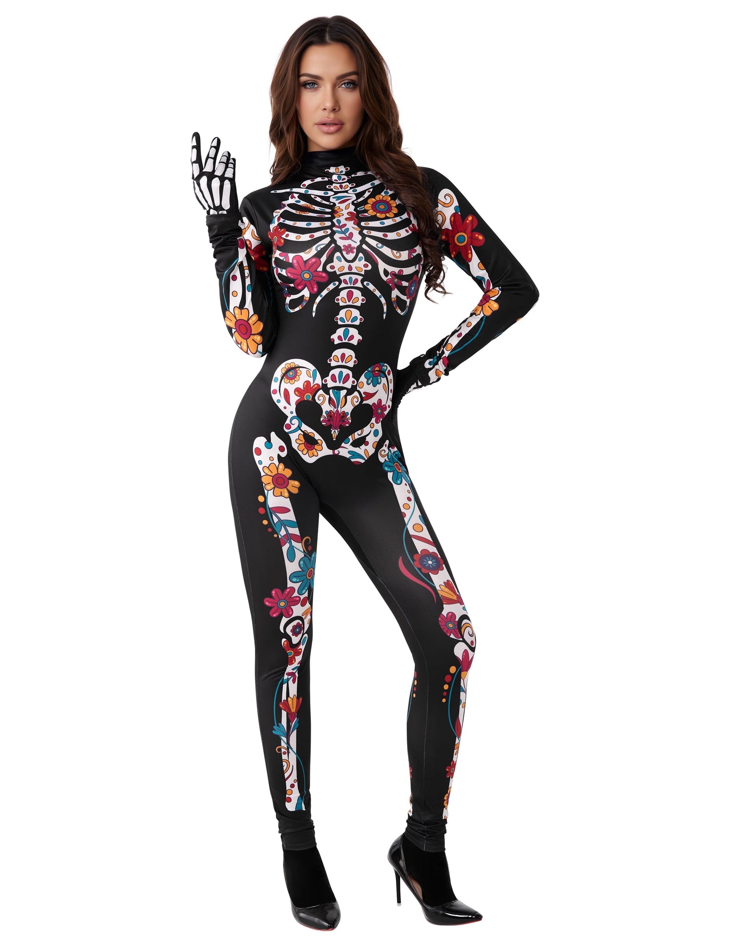 Joyfy Floral Skeleton Costume for Womens, Skeleton Bone Bodysuit Halloween Costumes for Adult Halloween Party Fancy Dress up