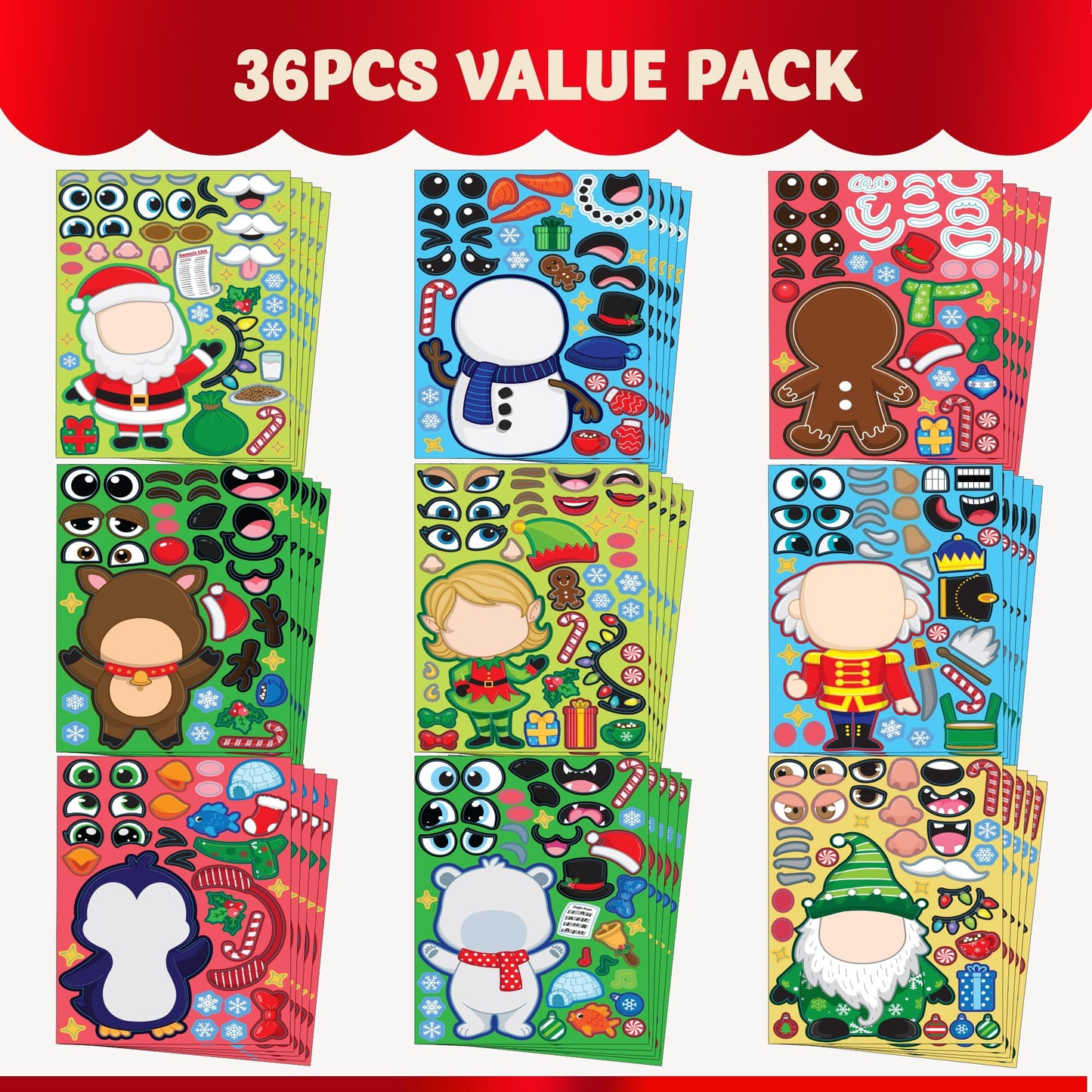 Syncfun 36 Pcs Christmas Make-a-face Sticker Sheet for Kids, Make Your Own Arts & Crafts Christmas Mix & Match Gifts for Kids School Activities Party Supplies