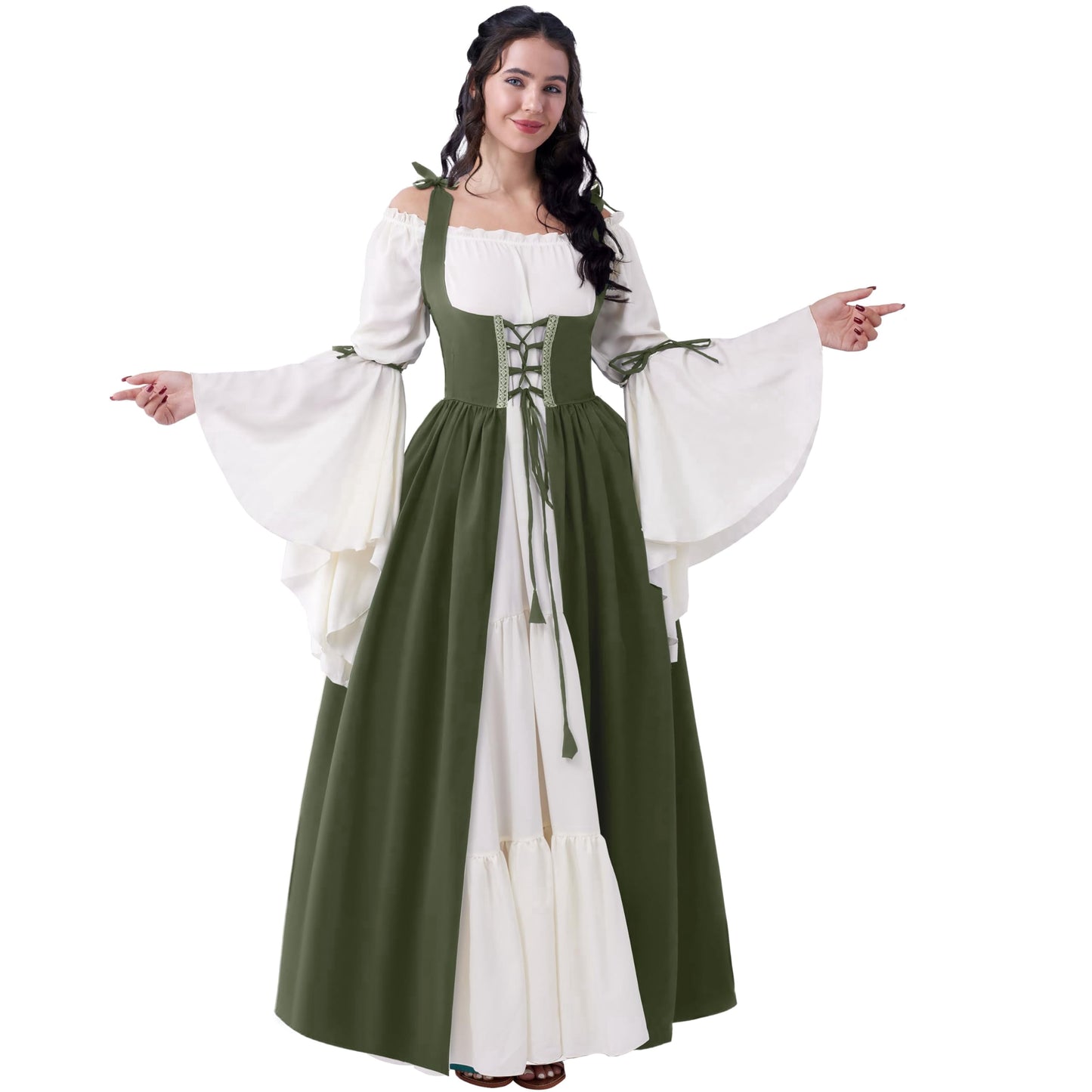 Joyfy Renaissance Costume for Women, Medieval Irish Over Dress Chemise Boho Dress, Green Fairy Corset Dress for Halloween Party Cosplay