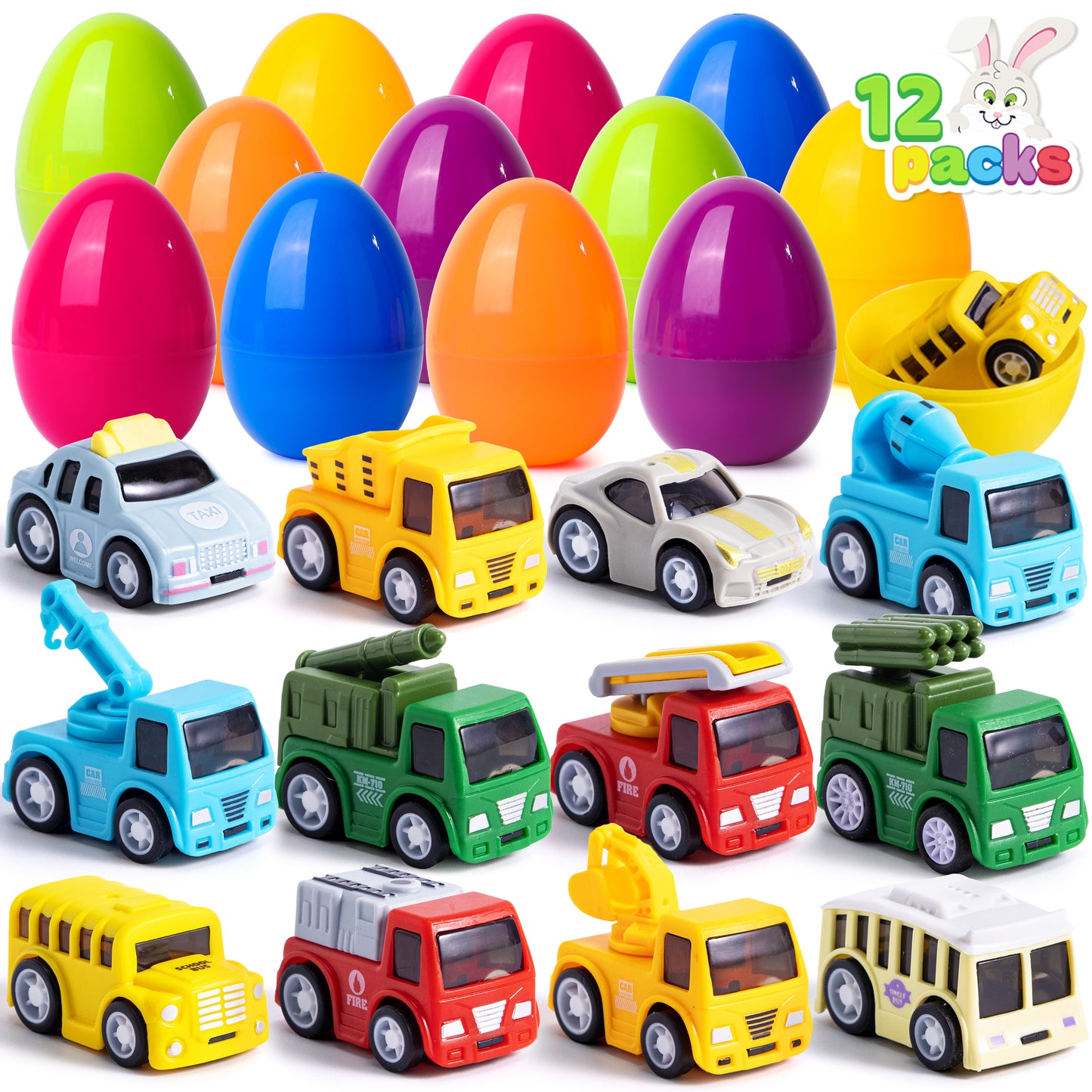 JOYFY 12 Packs Cars Filled Easter Eggs,Easter Eggs with Toys Inside,Birthday Party Favors for Boys and Girls,Basket Stuffers