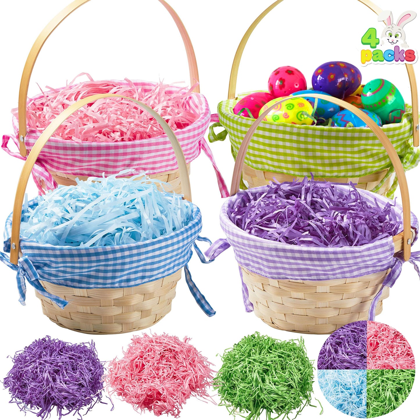 JOYFY 4 Easter Gift Woven Basket with Handle and Easter Papyrus Silk in 4 Colors for Easter Egg Hunting