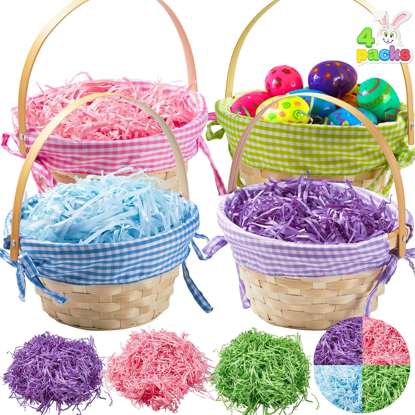 JOYFY 4 Easter Gift Woven Basket with Handle and Easter Papyrus Silk in 4 Colors for Easter Egg Hunting