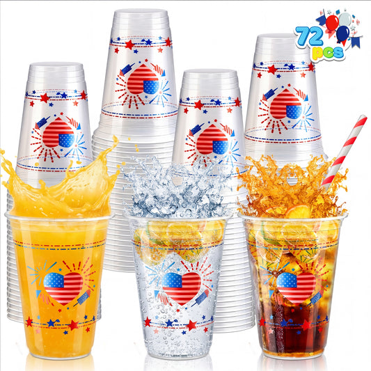 Joyfy 72 Pcs 16 oz Patriotic Plastic Cups, Clear Disposable Cups with Red and Blue Stars for Independence Day Parties