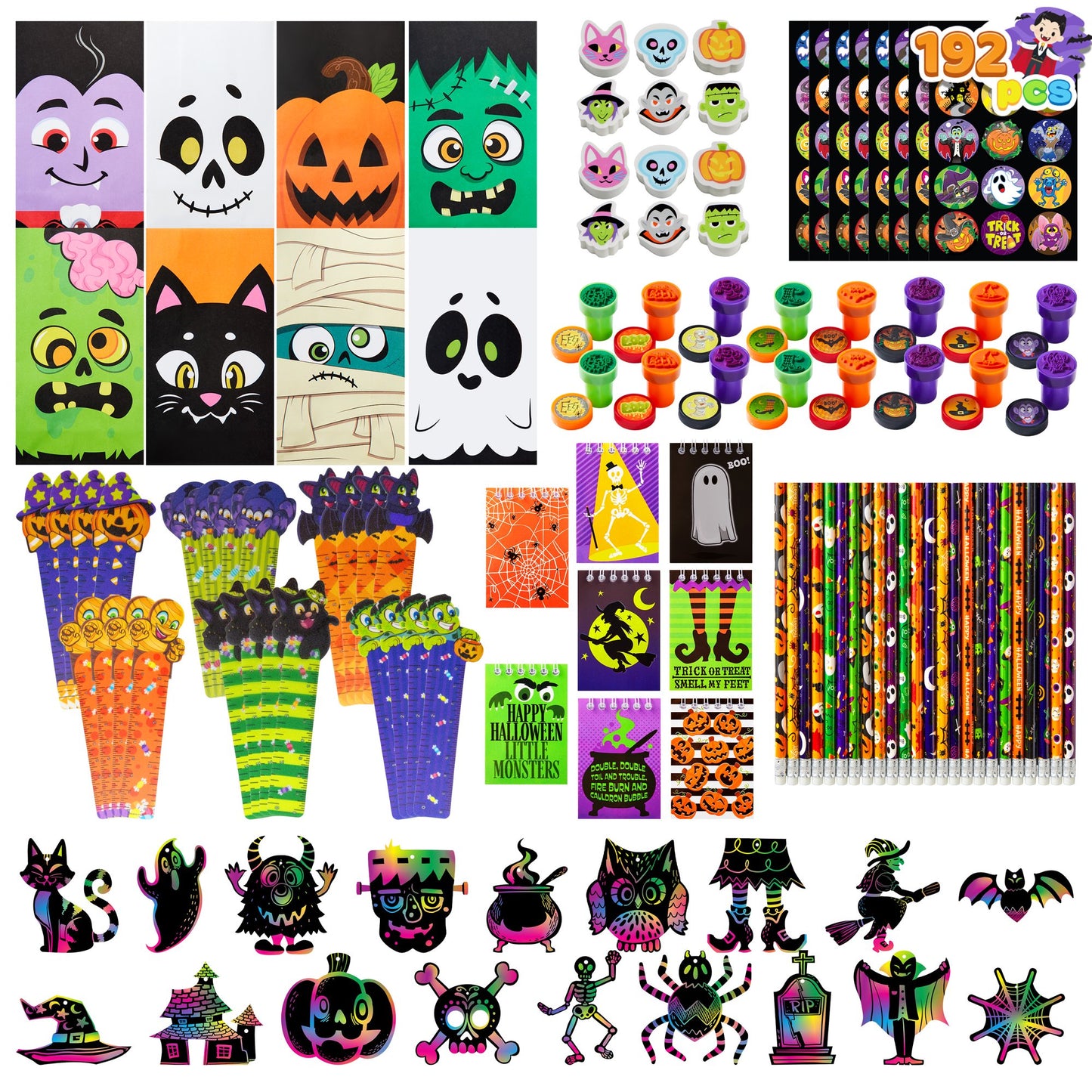 Joyfy 192 Pcs Halloween Stationery Set, Halloween Pencils Rulers Stickers Erasers Stamps Notebooks Bags Party Favors,Halloween Trick or Treat Bags,Halloween Gifts for Kids,Classroom Favors