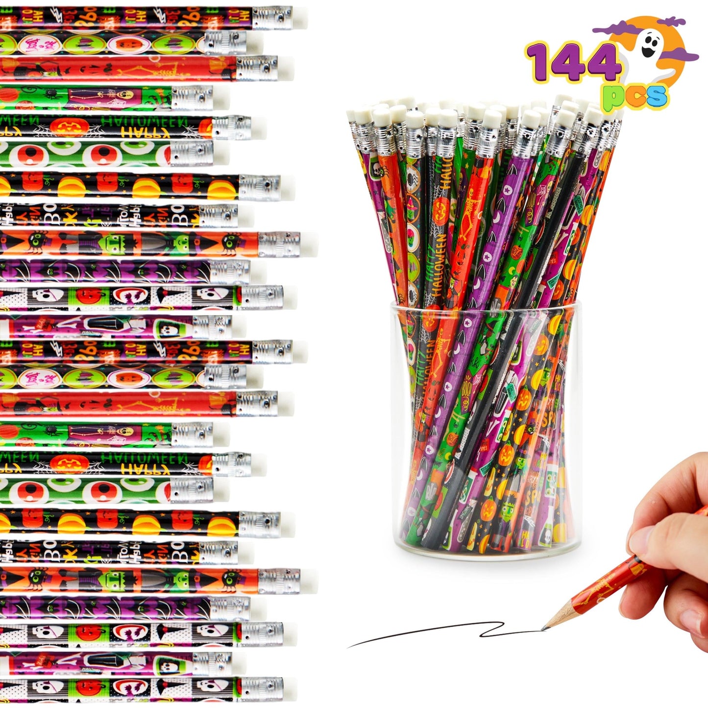 Joyfy 144 Pcs Halloween Pencils Bulk with Eraser for Kids,Colorful Pencils Stationery Pencil Set,Halloween Favors Prizes for Kids,Halloween Bulk Toys