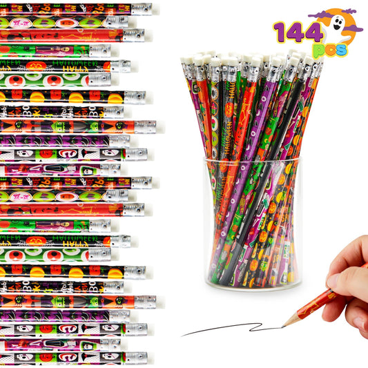 Joyfy 144 Pcs Halloween Pencils Bulk with Eraser for Kids,Colorful Pencils Stationery Pencil Set,Halloween Favors Prizes for Kids,Halloween Bulk Toys