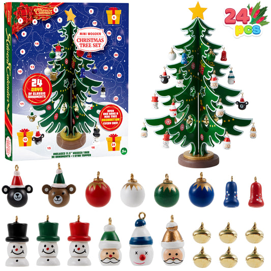 SYNCFUN Christmas Advent Calendar 2024 with a Tabletop Wooden Christmas Tree and 24 Ornaments Snowman Santa Decorations for Boys, Girls and Kids Party Favors, Classroom Prizes, Xmas Gift