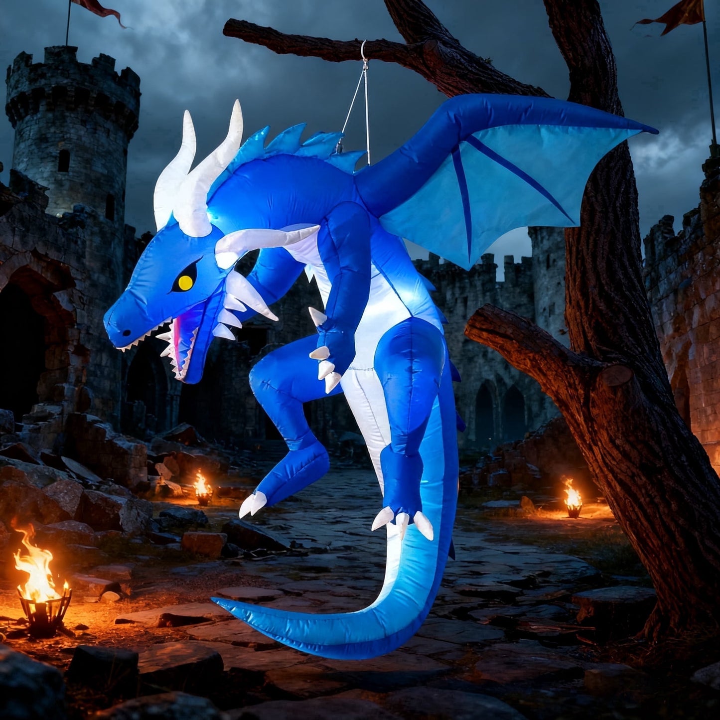 Joyfy 5 FT Halloween Inflatable Ice Dragon,Blue Hanging Flying Dragon Inflatable Halloween Blow Up Yard Decorations Outside Decorations