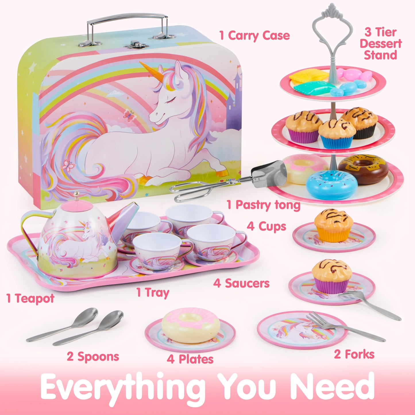 SYNCFUN 35 Pcs Unicorn Tea Set for Little Girls, Pretend Tin Teapot Set, Princess Tea Time Play Kitchen Toy, Birthday Gifts Kids Toddlers Age 3 4 5 6