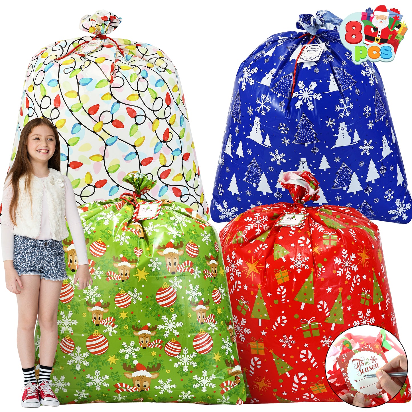Joyfy 8 Pcs Large Christmas Gift Bags Xmas Presents 44”x 36” Jumbo Christmas Gift Bags Wrapping Giant Gift Bags for Huge Gifts Big Gift Sack Set